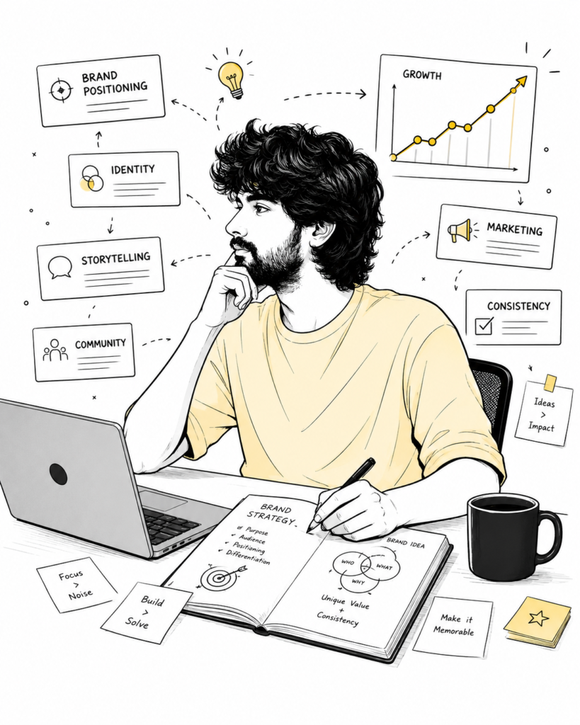 a thoughtful founder working at a desk with a laptop, notebook, coffee mug, and floating brand strategy concepts including brand positioning, storytelling, marketing, identity, growth, and audience, representing the process of building a memorable brand.