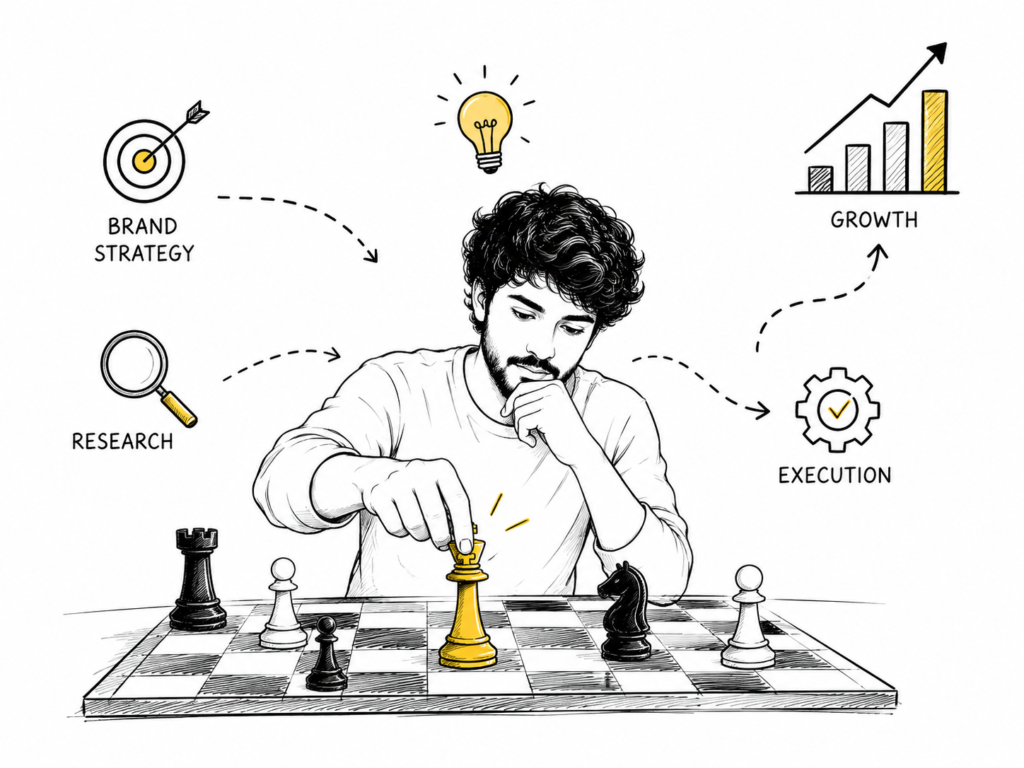 Minimal hand-drawn illustration of a founder moving a king chess piece on a chessboard, surrounded by simple icons representing brand strategy, research, execution, and growth, symbolizing strategic decision-making in business