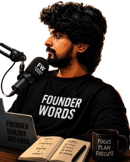 a founder recording a podcast in a professional studio, featuring Founder Words branding on the microphone, laptop, mug, and shirt, representing entrepreneurship, branding, strategy, and business growth.